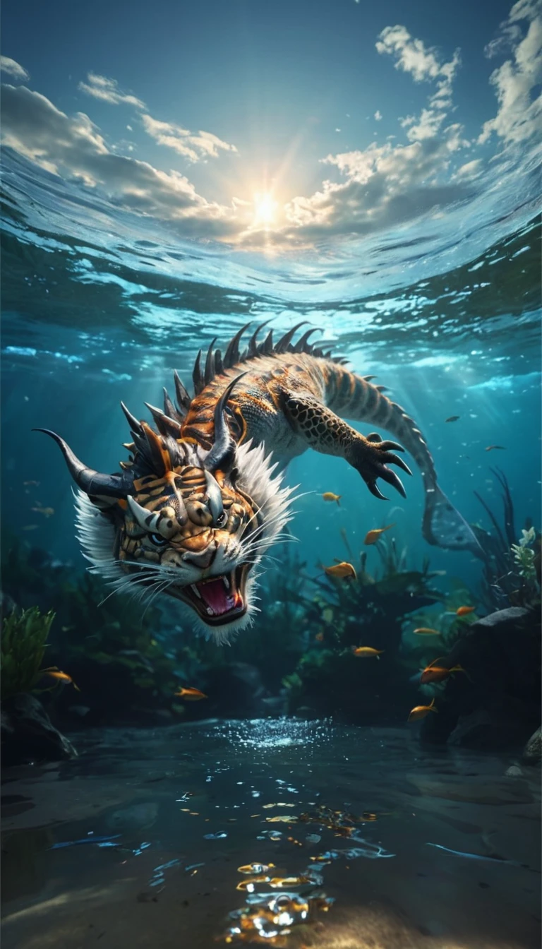 A mythical creature from the water(best quality，4K，8k，High level，masterpiece：1.2），Ultra Detailed，（lifelike，Photo real，Photo real：1.37），Highly detailed animals，Complex patterns，Realistic lighting，Fantasy Creatures