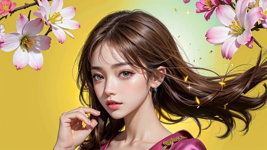 One girl, alone, flower畑, flower, (Official Art, unity 8k wallpaper, Super detailed, beautifully、aesthetic, masterpiece ,Highest quality:1.3), (Dynamic Angle:1.4), (Floating colorful sparkles:1) , elegant, Vibrant colors, Highly detailed face, Detailed eyes, Glowing Skin, Glossy Lips , Red and yellow background, Brown short hair,