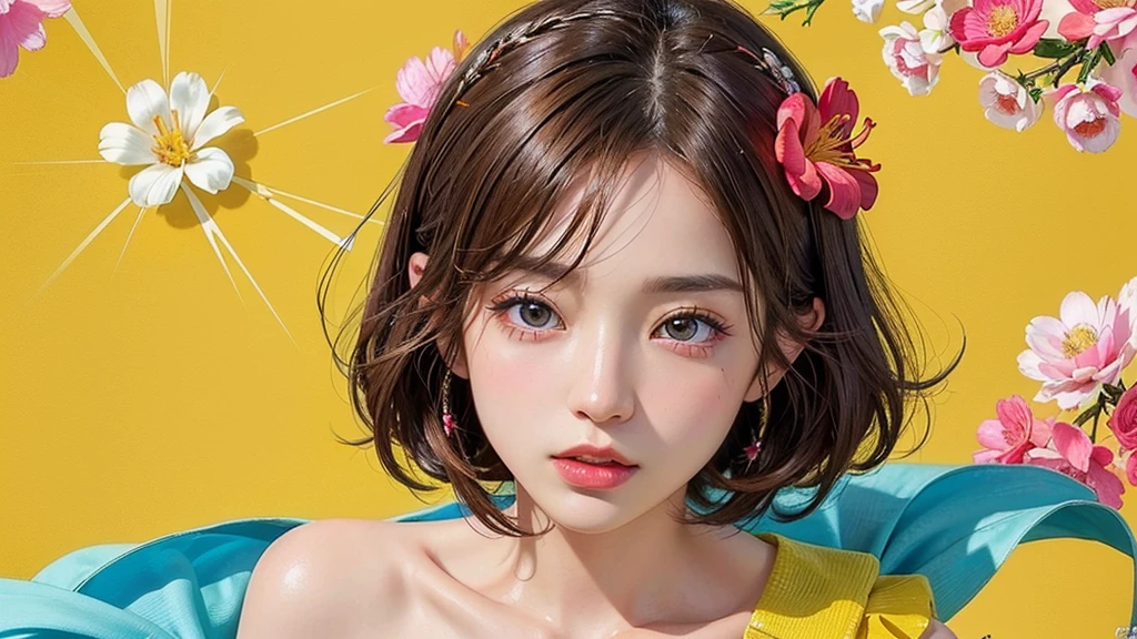 One girl, alone, flower畑, flower, (Official Art, unity 8k wallpaper, Super detailed, beautifully、aesthetic, masterpiece ,Highest quality:1.3), (Dynamic Angle:1.4), (Floating colorful sparkles:1) , elegant, Vibrant colors, Highly detailed face, Detailed eyes, Glowing Skin, Glossy Lips , Red and yellow background, Brown short hair,