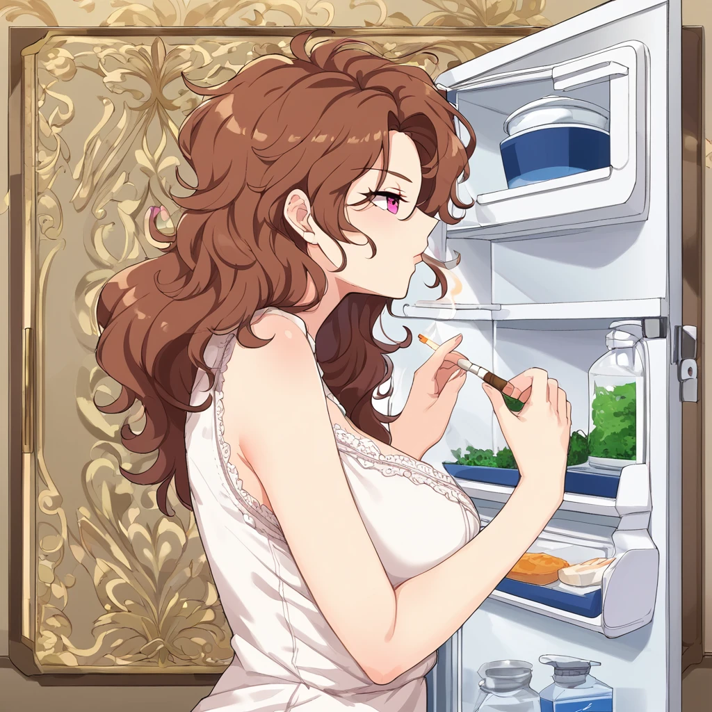 (masterpiece), best quality, expressive eyes, perfect face, perfect hands, perfect eyes, perfect anatomy, 1girl, Adult female, Mature, long brown hair, pink eyes, disheveled appearance, messy hair, dark spots under eyes, smoking cigarette, annoyed, depressed, in the kitchen, opening refrigerator, standing in front of refrigerator, looking over shoulder, standing sideways, side view, high detail, best detail, intricate detail, high detailed background, [3], beautiful detail, amazing detail, great detail, beautiful background, great aesthetic, 