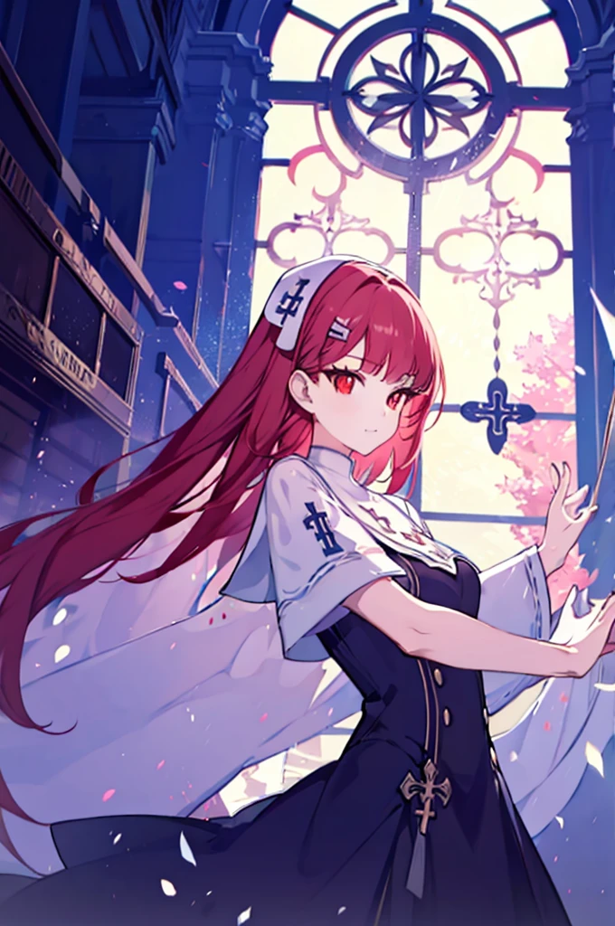 1girl, red hair, solo focus, clearly, red eyes, very long hair, stole, priest, Bishojo, church,dynamic angle,dynamic pose,