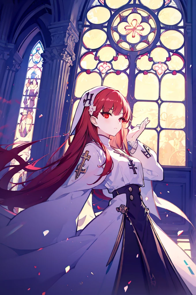 1girl, red hair, solo focus, clearly, red eyes, very long hair, stole, priest, Bishojo, church,dynamic angle,dynamic pose,