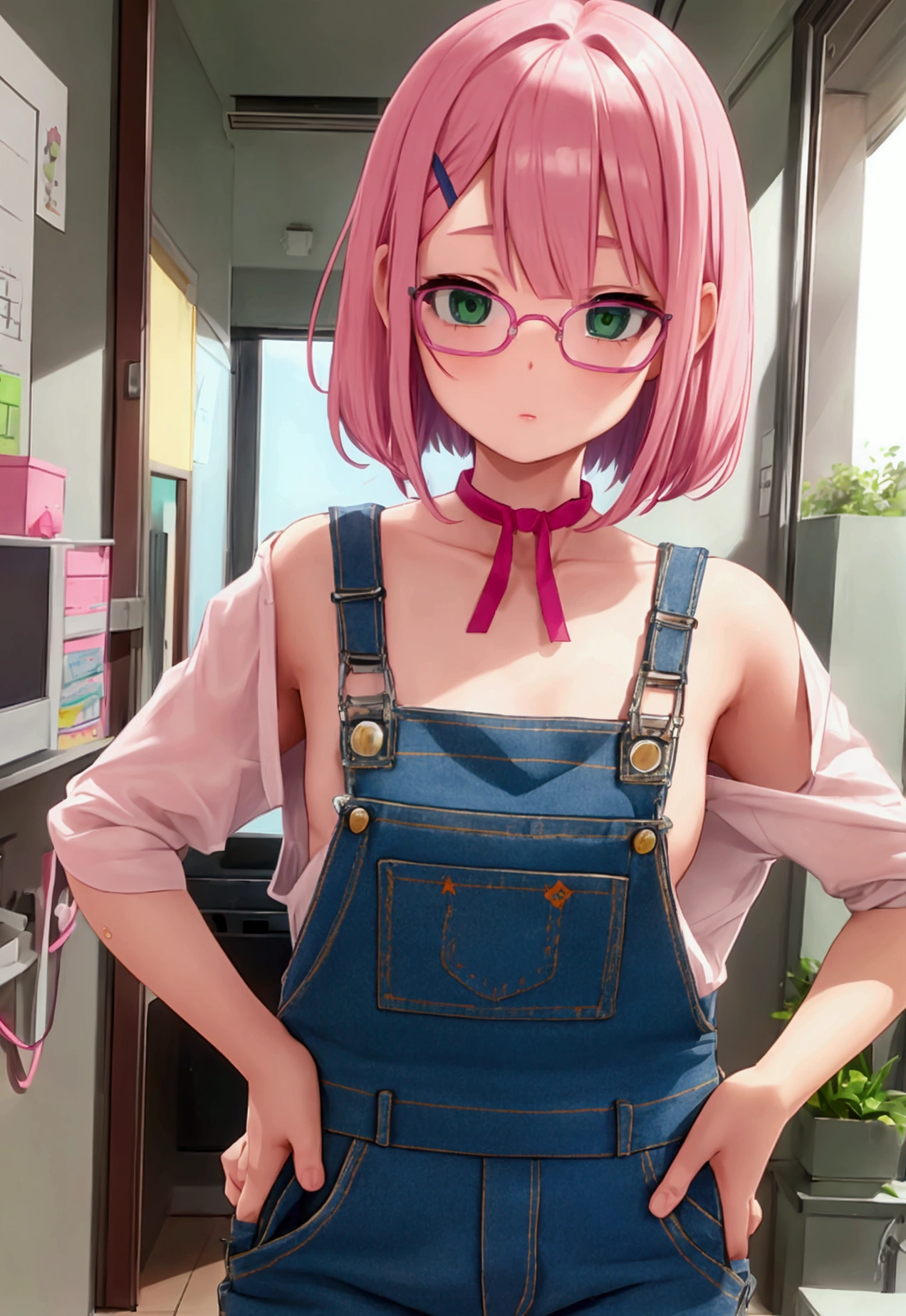 Primary school students、Pink Hair、Medium Bob、Green Eyes、Frameless Glasses、Naked with denim overalls、NSFW