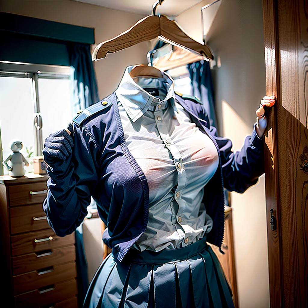 Invisible girl, world without humans, headless, uniforms, (realistic: 0), headless, empty, headless, headless, invisible girl, uniforms, empty clothes, invisible body, invisible head, empty clothes, invisible girl, uniforms, invisible body, invisible head, clothes has big breasts, tights, hanger uniforms in a closet swells as if an invisible girl is wearing it, girl's busty uniforms begins to move on its own, as if worn by invisible girls,
