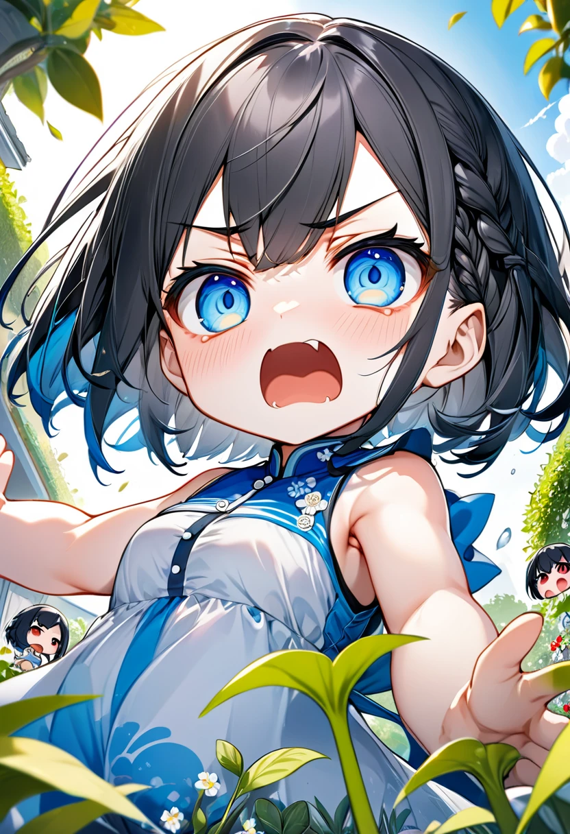 Highest quality、High resolution、Detailed Background、Beautiful face in every detail、Anatomically correct、Detailed facial expressions、fine grain、((From below))、((One Girl))、Chibi Girl、 Black Hair、beautiful clear big blue eyes、Braided Bob、Sleeveless dress、garden、Very angry、One hand raised high, ready to hit the viewer