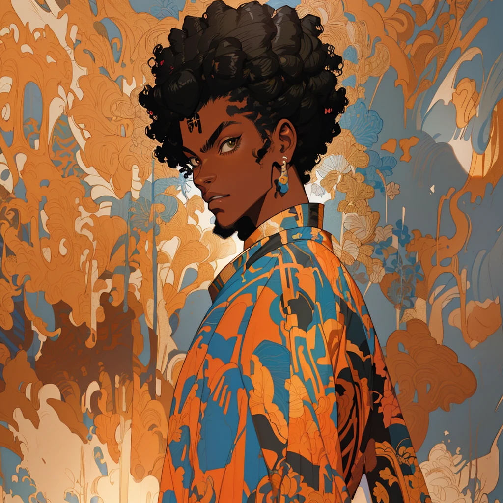 there is a woman with a bag and a jacket, inspirado em Barkley Hendricks, afro, from Kehinde Wiley, afro futurism, colorful illustration, offcial art, afro futuristic, anime afrofuturism, colorful digital illustration, Official illustration, afro samurai anime style, Kehinde Wiley, samurai with afro, afro samurai style, illustrative art