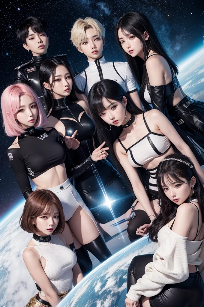 Create the image of a 5-member kpop group with space concept