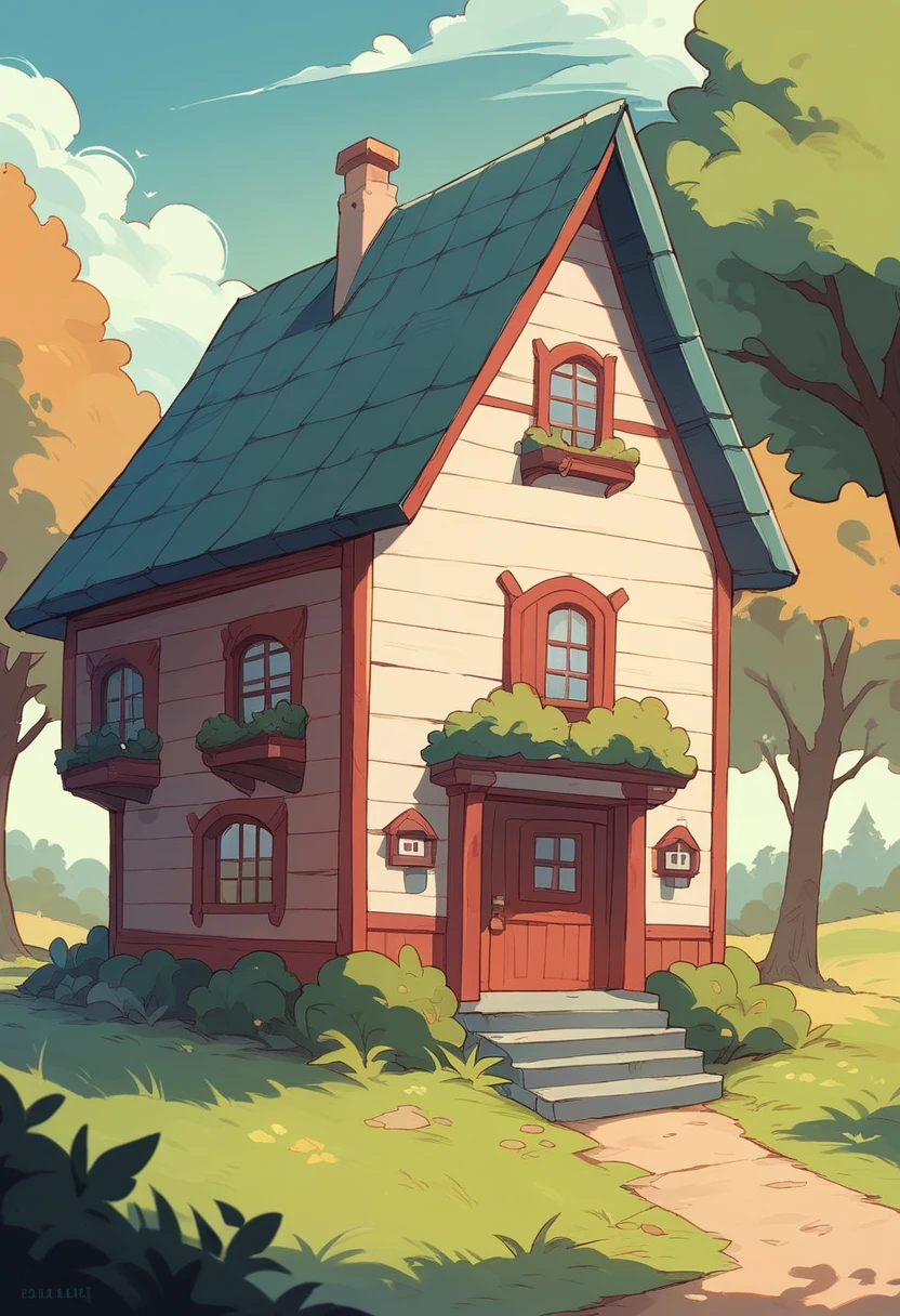 Our house is near the school and there is a field and trees in front