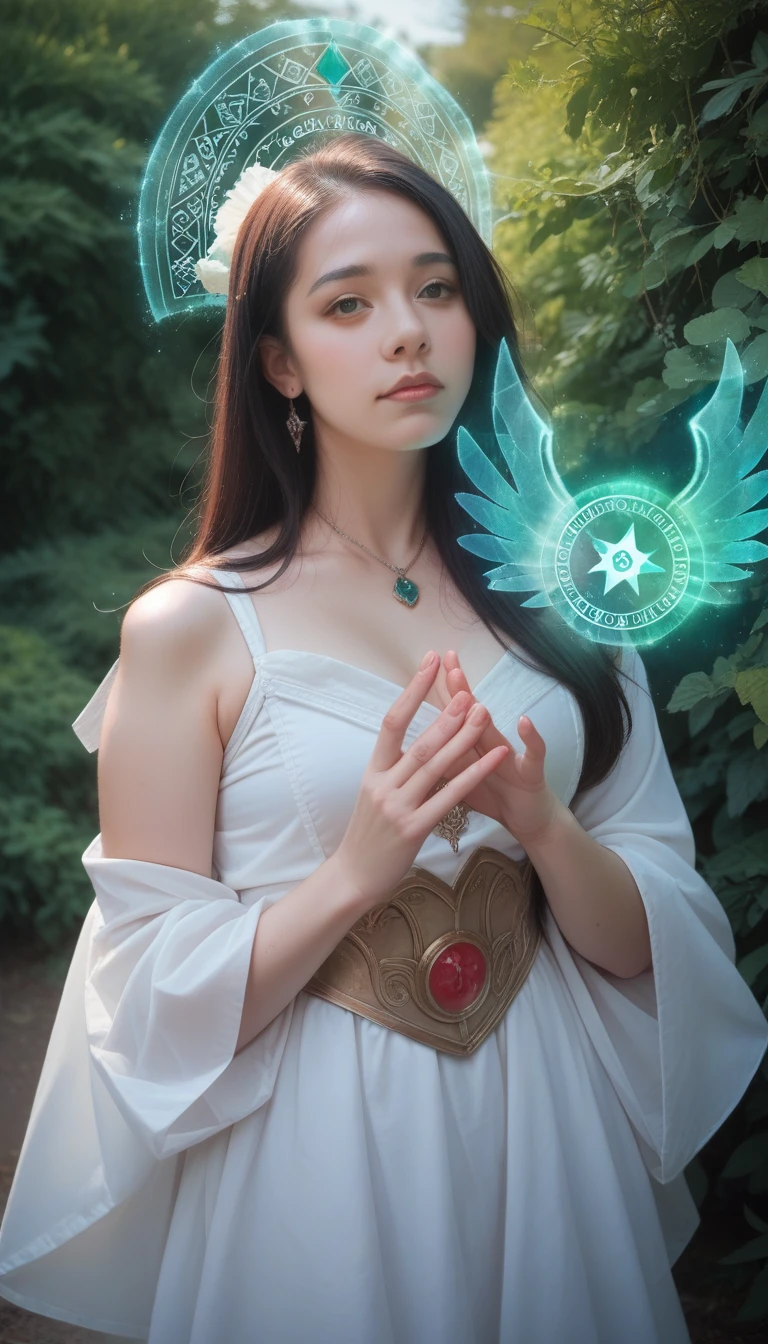 a 18 beautiful girl，A powerful spell that creates a magical protective barrier, A woman uses green magic to summon a magical shield fit for a fantasy world,Realistic Characters，reality