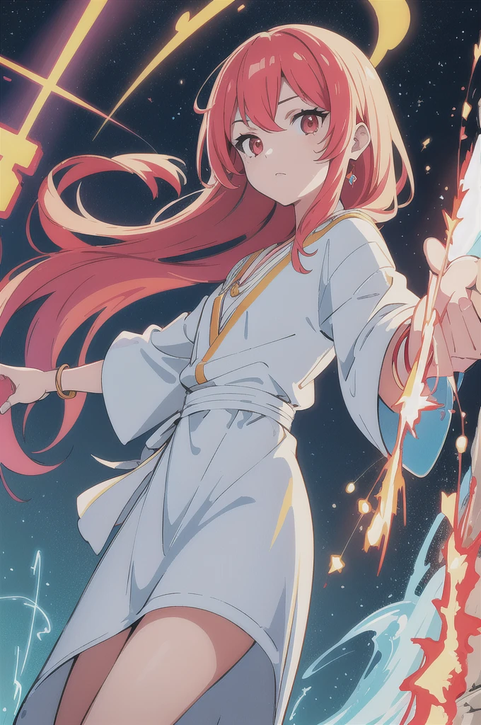 (flat color:1.3),(colorful:1.3),(masterpiece:1.2), best quality, original, extremely detailed wallpaper, looking at viewer, upperbody shot of a girl infused with lightning, fully clothed with blue long robe, highly detailed, extremely detailed, red eyes, electric, red moon, Rays of Shimmering Light, Cinematic Lighting, Matte, Stone, Milky Quartz, Opalite, Jewelry, Silk, Feathers, Water splash, Fog, Electric, Electricity, sparks,  lensflare, rim lighting, backlighting, Bracelet, Chromatic Aberration, RTX, Post Processing