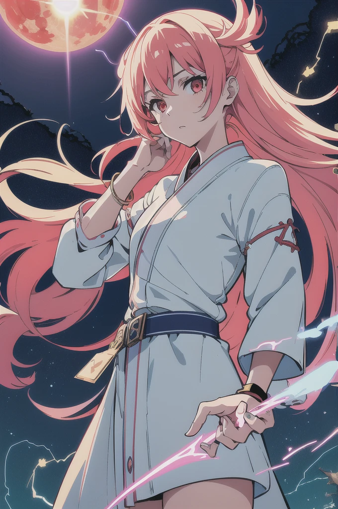 (flat color:1.3),(colorful:1.3),(masterpiece:1.2), best quality, original, extremely detailed wallpaper, looking at viewer, upperbody shot of a girl infused with lightning, fully clothed with blue long robe, highly detailed, extremely detailed, red eyes, electric, red moon, Rays of Shimmering Light, Cinematic Lighting, Matte, Stone, Milky Quartz, Opalite, Jewelry, Silk, Feathers, Water splash, Fog, Electric, Electricity, sparks,  lensflare, rim lighting, backlighting, Bracelet, Chromatic Aberration, RTX, Post Processing
