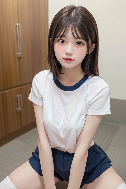 High resolution, Highest quality, super high quality, Very detailed, 8k、(underwear:1.2)、、Embarrassing、Sweaty、Sweat、Embarrassing、(masterpiece:1.2, Highest quality), (Realistic, photoRealistic:1.4), Beautiful illustrations, (Natural Side Lighting, Cinema Lighting), View your audience, whole body, 1 girl, Japanese, high school girl, Perfect Face, Cute and symmetrical face, Glowing Skin, Baby Face, (short hair, Low Twintails,Black Hair), Hair between the eyes, black eye, Big eyes, Droopy eyes, (Center of chest, Captivating thighs, Big Ass)、