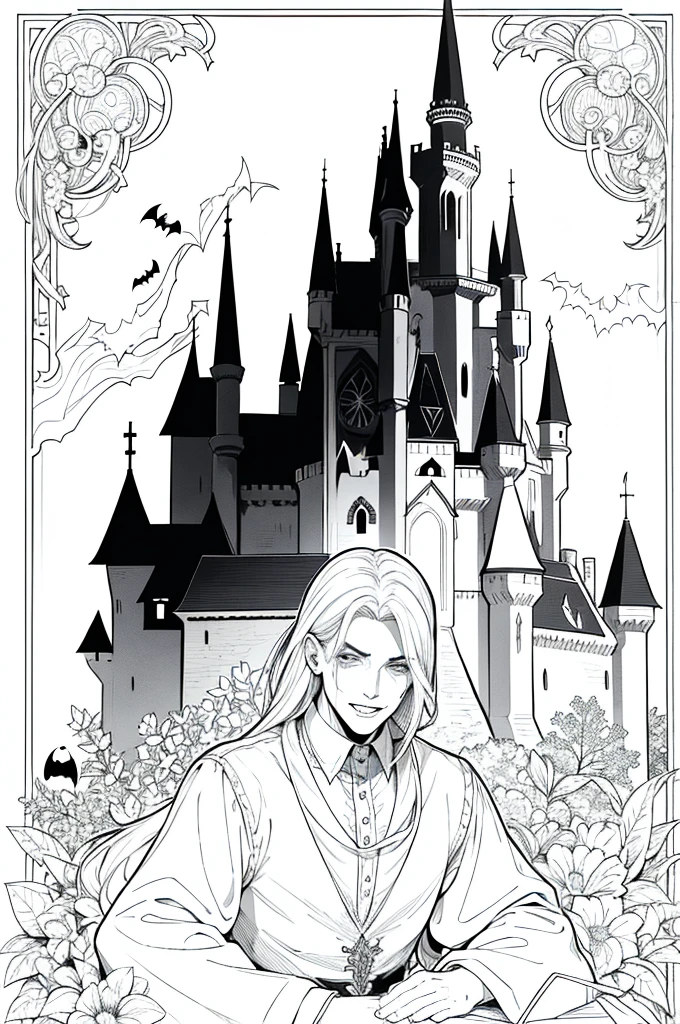 masterpiece, coloring book for children, evil vampire, no shading, halloween, castle in the background, no shading , black andwhite, monocromatic, Monochromatic, vampire's teeth, all white, thin-lines, offwhite, Man, masculine man, black andwhite