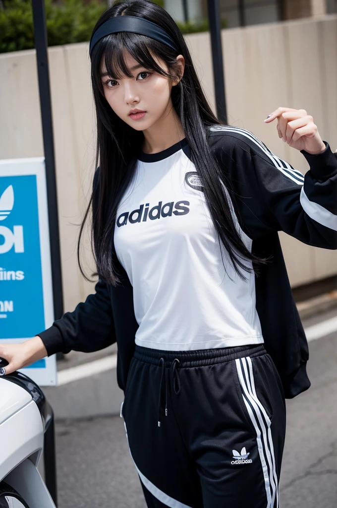 30-year-old woman,Black Hair,Asian,Korean style long hair,Headband,Long Bangs,Blue Eyes,Adidas track pants