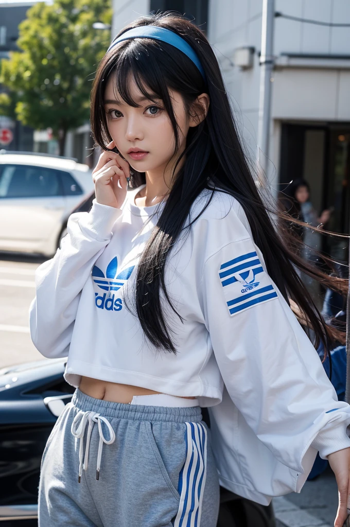30-year-old woman,Black Hair,Asian,Korean style long hair,Headband,Long Bangs,Blue Eyes,Adidas track pants