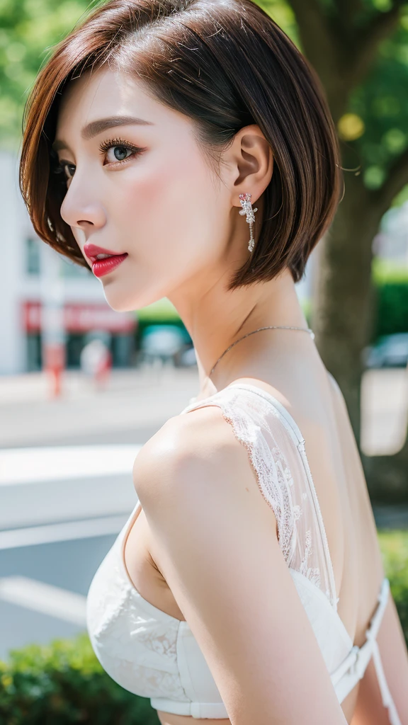 Highest quality, Face Focus, Soft Light, Ultra-high resolution, (Realistic:1.4), Mom Korean. 37 years old)). Slim Abs:1.2.. Makeup face. Red lipstick. (((Short brown hair))). ((I rode it a lot)). Show me your ears. In front of the camera. Ear texture. Ear hole details. Realistic. Close-up shot of an ear. From the thigh up. Shot from behind.Show me your ears. In front of the camera. Ear texture. Ear hole details. Realistic. Close-up shot of an ear. At close range. Shot from behind. (Shooting in the city),(White lace underwear),
