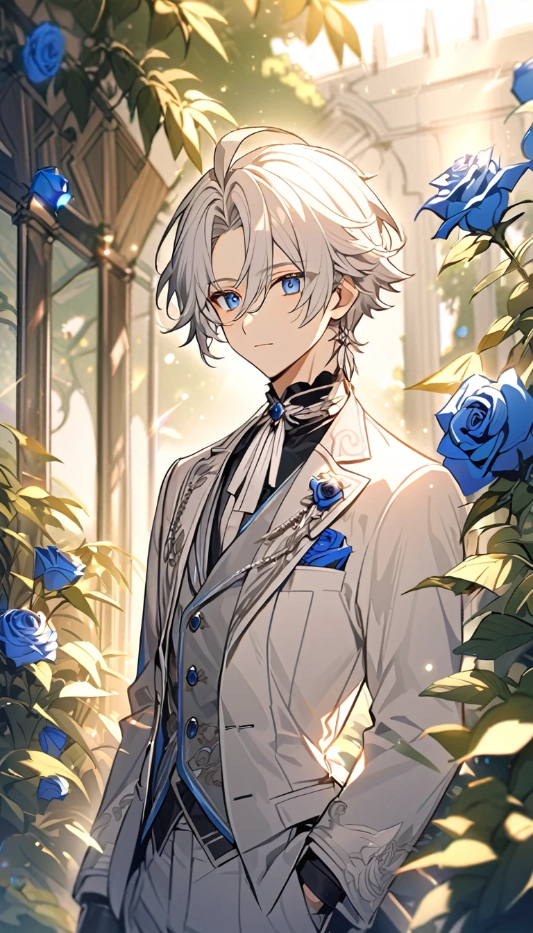 good looking，so beautiful，1 boy，young，alone，White shorthair，blue eyes，Black Shirt，Gorgeous white blazer，((Grey suit shorts))，Black Garter，((Blue rose))，White satin ribbon clothing decoration，Exquisite clothing details，Calm expression，holy，Goethe style，garden