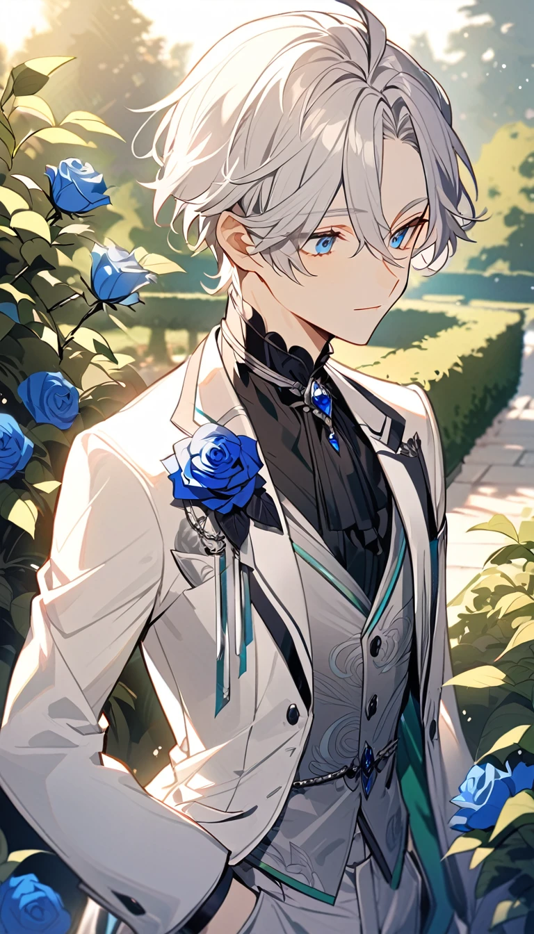 good looking,so beautiful,1 boy,young,alone,White shorthair,blue eyes,Black Shirt,Gorgeous white blazer,((Grey suit shorts)),Black Garter,((Blue rose)),White satin ribbon clothing decoration,Exquisite clothing details,Calm expression,holy,Goethe style,garden