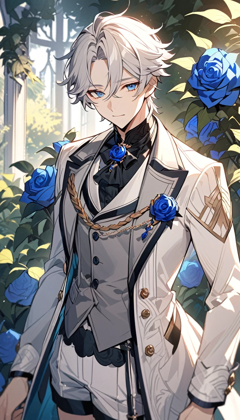 good looking,so beautiful,1 boy,young,alone,White shorthair,blue eyes,Black Shirt,Gorgeous white blazer,((Grey suit shorts)),Black Garter,((Blue rose)),White satin ribbon clothing decoration,Exquisite clothing details,Calm expression,holy,Goethe style,garden