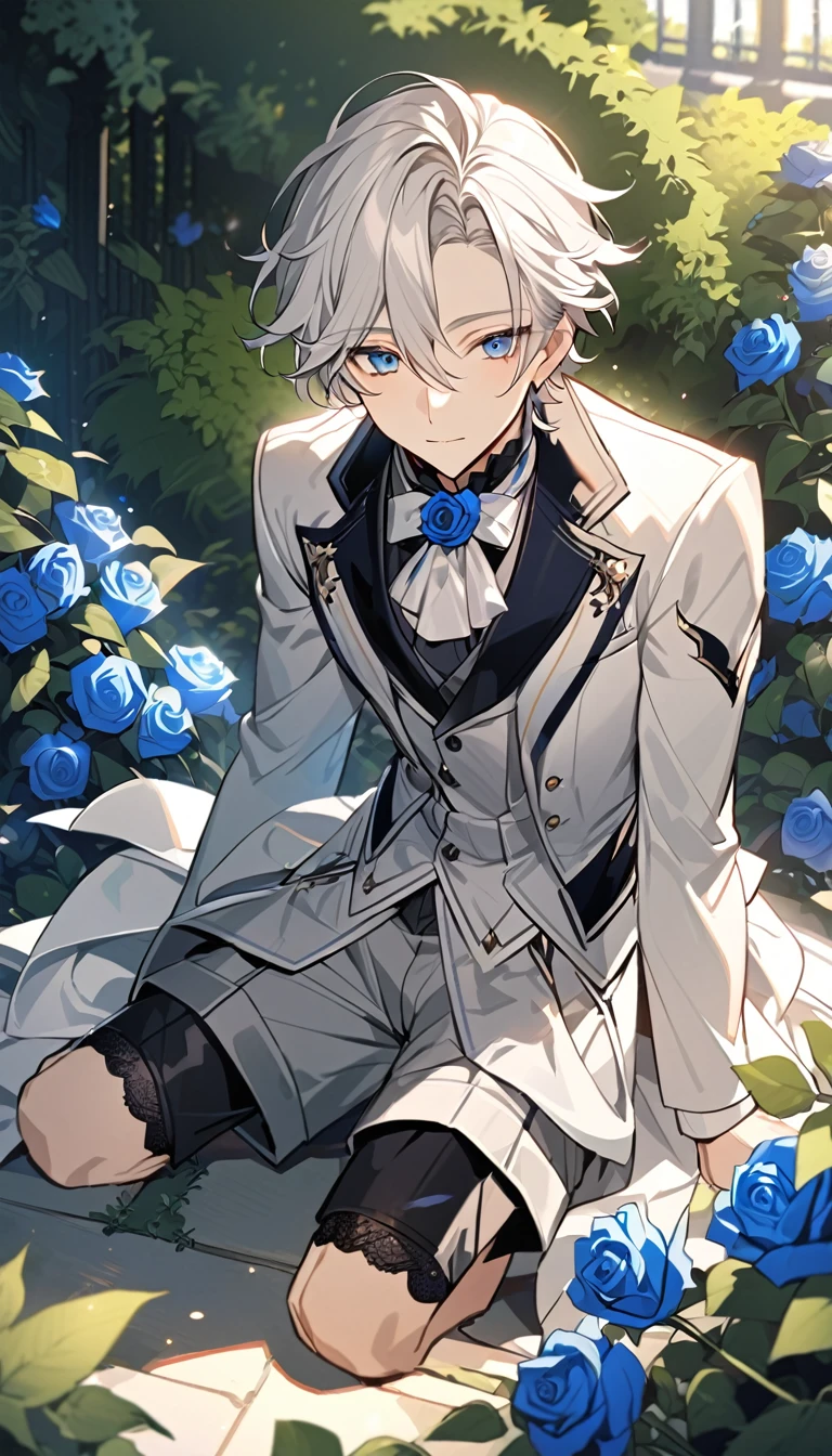 good looking，so beautiful，1 boy，young，alone，White shorthair，blue eyes，Black Shirt，Gorgeous white blazer，((Grey suit shorts))，Black Garter，((Blue rose))，White satin ribbon clothing decoration，Exquisite clothing details，Calm expression，holy，Goethe style，garden