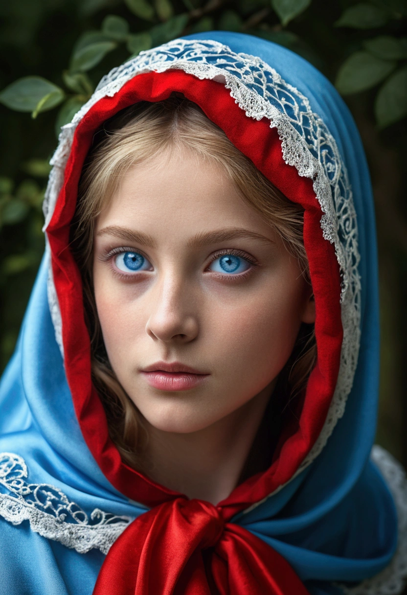 pretty face, elegant, muito detalhado, digital hyperrealistic photography, hyperrealistic photography filigree, shyness, most beautiful face, (masterpiece, side light, (Finely detailed beautiful blue eyes: 1.2)) 8K full body shot ,bionde, little red riding hood, redridinghood