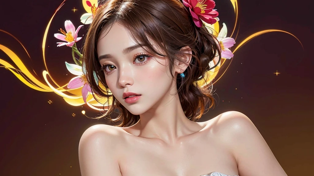 One girl, alone, flower畑, flower, (Official Art, unity 8k wallpaper, Super detailed, beautifully、aesthetic, masterpiece ,Highest quality:1.3), (Dynamic Angle:1.4), (Floating colorful sparkles:1) , elegant, Vibrant colors, Highly detailed face, Detailed eyes, Glowing Skin, Glossy Lips , Red and yellow background, Brown short hair,