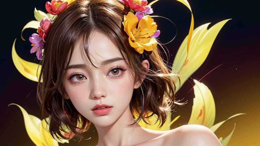 One girl, alone, flower畑, flower, (Official Art, unity 8k wallpaper, Super detailed, beautifully、aesthetic, masterpiece ,Highest quality:1.3), (Dynamic Angle:1.4), (Floating colorful sparkles:1) , elegant, Vibrant colors, Highly detailed face, Detailed eyes, Glowing Skin, Glossy Lips , Red and yellow background, Brown short hair,