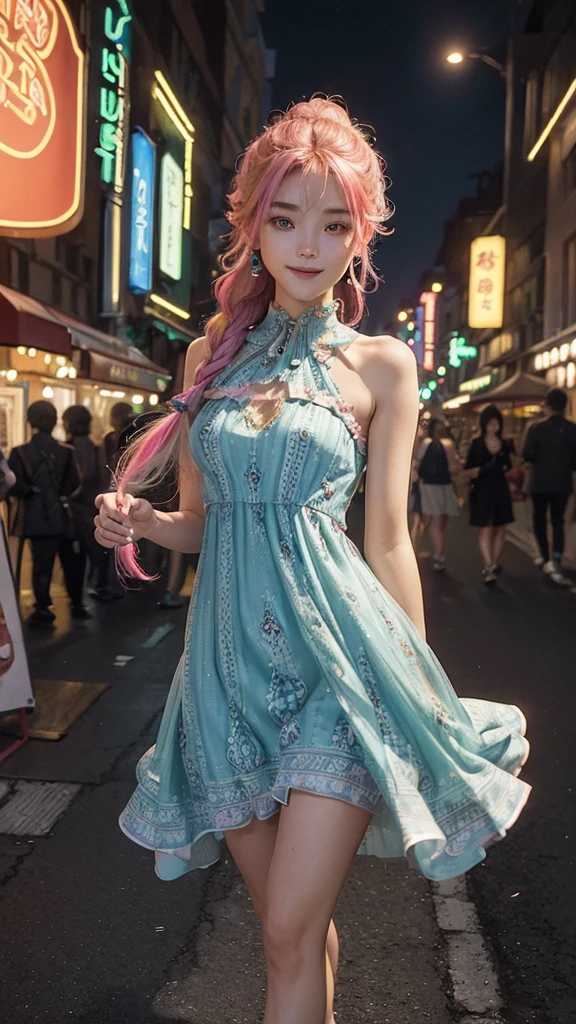 8k, Highest quality, masterpiece, Realistic, Super detailed, photograph, High resolution, ROWphotograph, High resolution, Absurd, Cinematic Light, Official Art, High resolution, Depth of written boundary,
(close:1.2), Beautiful feet, thin, cute顔, smile, Beautiful details in the eyes, 19 years old Korean, cute, Bright pink dutch braids, Detailed skin,
(Intricately patterned dress:1.4), (Colorful lights:1.4), (night:1.4), City Street, (neon:1.2),