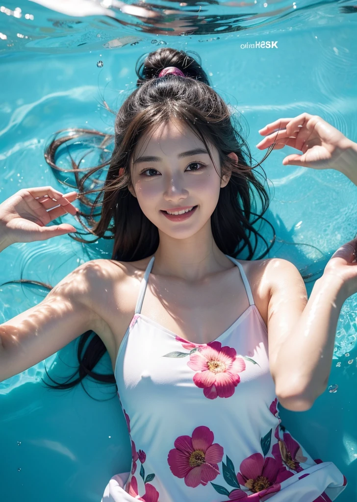 Diffuse lighting、 Highest quality, High resolution, unity 8k wallpaper、Supersaturation, Japanese、1 female、２３age、Synchronized swimming athletes、World Congress、smile、Floral Outfit、Upper body in water、Poolサイドでくつろいで、Taking a break、Pool、Sparkly costume、artistic swimming、
