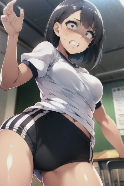 buruma, blue buruma, (White short-sleeved gym uniform), School,at classroom, ((Highest quality)), ((masterpiece)), (detailed), Perfect Face, Perfect Arms, Perfect hands, Perfect Fingers, anime, Ultra-fine illustration, (Solo gay boy),(disappointed:1.3,constricted pupils:1.4),embarrassed,tears:1.3,show teeth,tearsdrop,(men's black messy Shorthair:1.4), Proud look, Shooting from below, Cowboy Shot, Outdoor,crowded,