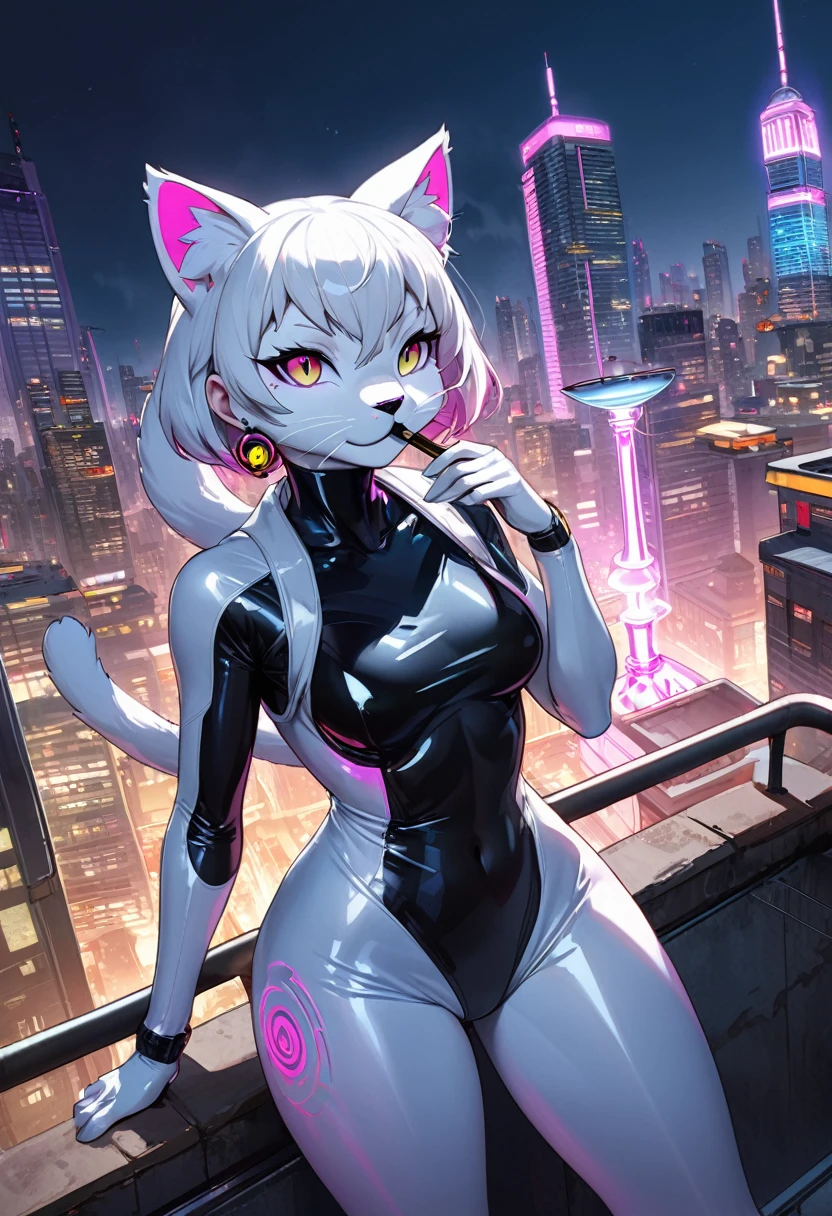 Highest quality, Highest quality, High quality illustrations, masterpiece, Ultra-high resolution, Detailed Background, Skyscraper, rooftop, night, Absurd, Perfect Anatomy, performance, Good lighting, Shadows in the movies(kemono, Furry PersonifiCation), Cat, white rubber suit, latex, neon, neonライト, neonカラー, Bodysuits, Cyber Suit, cyber punk, Rubber Hoodie, Smoking hookah, Earrings, Tattoo Dynamic Angle