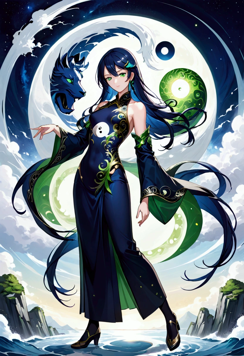 Girl with dark blue hair, green eyes,tall rectangular body figure, mature,ying yang powers
