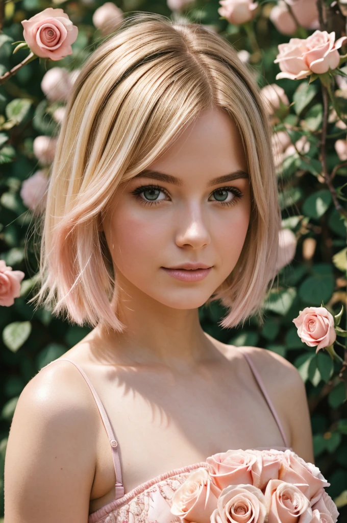 8k, RAW photo, Fujifilm, style photo of a beautiful young woman as avril in a garden of light pink roses (highly detailed skin: 1.2) Style-Petal BREAK short hair, blonde hair with colored locks, wearing a dress, film granulation, 35mm, cute style