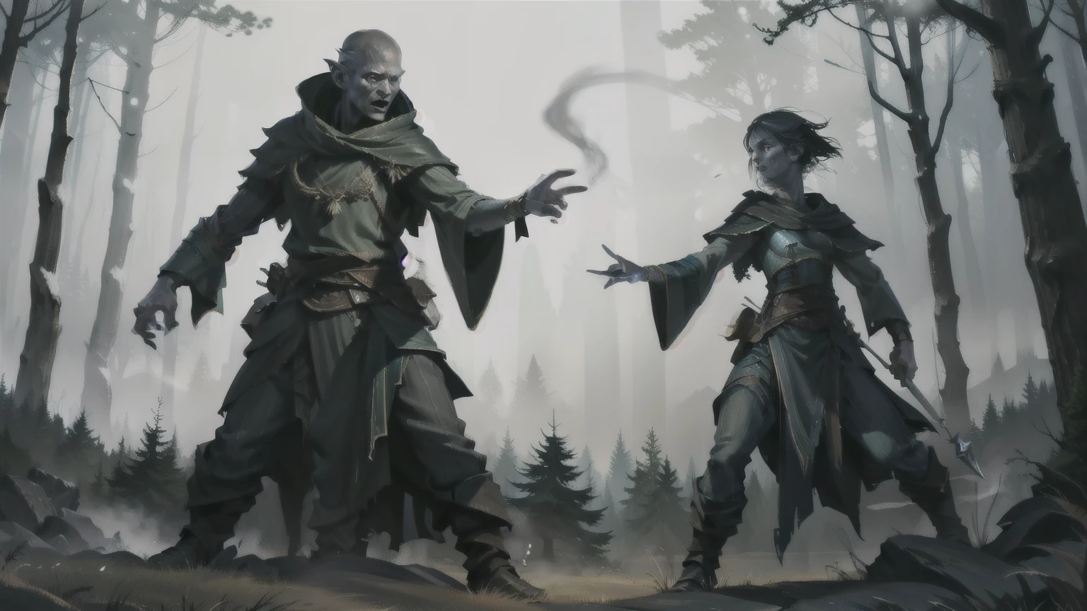 I want a character casting magic in the mists of a forest, the magic of nevoas, murderous stance