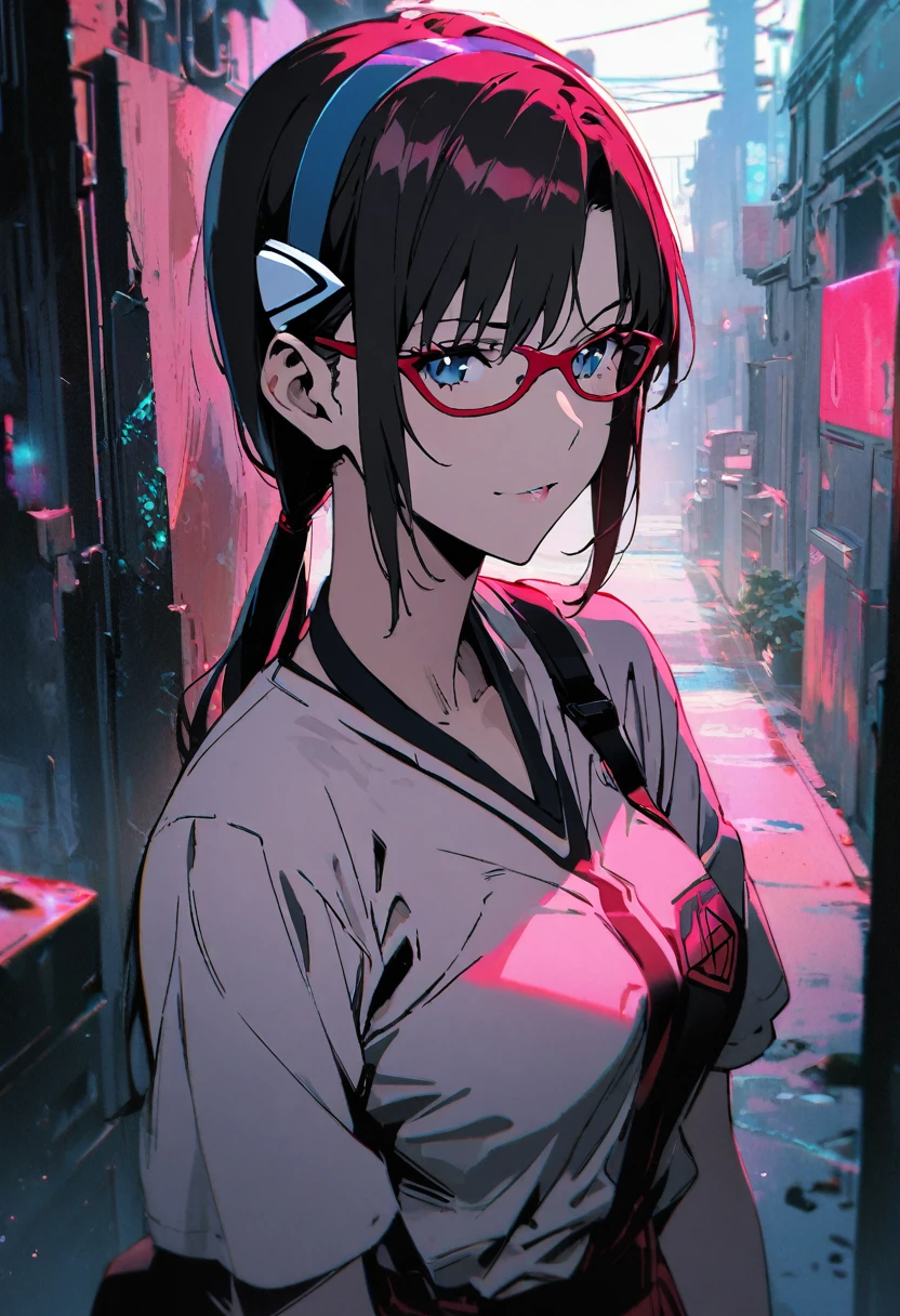1girl, makinami mari illustrious,glasses, neon genesis evangelion,duotone pink and white, cyberpunk setting,masterpiece, best quality, absurdres,
