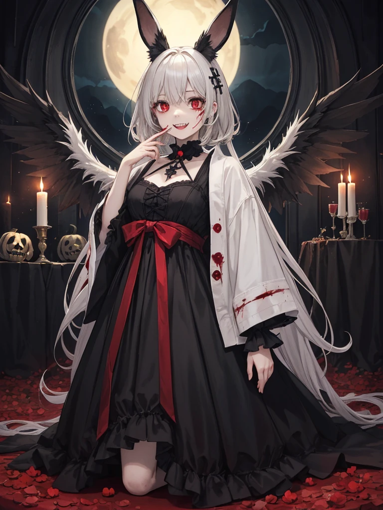 masterpiece, Highest quality, High resolution,(Highest quality,4K,High resolution,masterpiece:1.2),Very detailed,Realistic:1.37,masterpiece, Highest quality, Exquisitely crafted, woman, beautiful, elegant, smile, Blood, iridescent Long Hair, bangs, skirt, shirt, Long sleeve, Frills, shoes, (Red and Black:1.4), flower, spooky, Horror, 頭蓋Bones, Long Hair, Black Hair, Candles, Blood, hair flower, Dead, hair ornaments, Bone, doll, 頭蓋Bone, skeleton, Horror (theme),spooky altar background,Dark fantasy,Red color scheme,Ominous atmosphere,eyeを引く,Storytelling,anatomy,Anime Style,Concept Art,beautiful細部までこだわった顔と (((赤いeye ))),A terrifying ritual ,Satanic Ritual,Premature death,Misconduct,クレイジーなsmile,Scythe Face,Girl Monster, beautiful, Delicate facial features, 鋭いeye, Sharp Fangs, 青White skin, blonde,robot,Cursed Painting, Dark Background, Cinema Lighting, Dramatic Shadows, Gothic style, Gloomy atmosphere, Dark fantasy, One Girl, , Please open your mouth wide, Open your mouth and baring your teeth,Sharp teeth like a beast, Wide lips, very wide mouth, Vermilion cheeks, ,(Bloodしぶき:1.4),Scary smile, smile,Fallen angel design, ねじれたsmile、Bloodまみれの、頭からの出Blood,、Bloodしぶき、,(Bloodしぶき:1.4),Crossbones, 頭蓋Bone,Horror 一人の男の子, Cream colored hair, Gray Hair, Pearly hair, nice boy, Bunny ears, Loose-fitting clothing, Larger clothes, dark red eye, eyeの下のたるみ, dark circles under eye, やみcute, Fluffy hair, Voluminous Hair, skinny, slim, very skinny, Androgynous, cute, spooky, short hair, Horror, Faded colors, White skin, spooky, Unnaturally thin, I&#39;m hungry, eye, eye in background, sharp eye, Long eyelashes, Under the eyelashes, Loose shorts, レースshirt, Frillsshirt, Tie the ribbon&#39;head, Detailed clothing, A loose cardigan, Open cardigan, 滴るBlood, that&#39;terrible, nightmare, Haunted, stitch, patchwork, string, Injury, hell, Injury on arms, self-harm, cut, Black Fingers, factory, Abandoned, A dismembered ghost,Many heads,Many heads,Lots of faces,Multiple faces,Multiple Girls,Frolicking Girl,複数のwoman,tea ,クレイジーなsmile,look up,Face shot,Scythe Face,Girl Monster, slave,beautiful, Detailed portrait, Delicate facial features, 鋭いeye, Sharp Fangs, 青White skin, Thick chain, Dark Background, Cinema Lighting, Dramatic Shadows, Gothic style, Gloomy atmosphere, Dark fantasy, One Girl, , Please open your mouth wide, Open your mouth and baring your teeth,Sharp teeth like a beast, Wide lips, very wide mouth, Vermilion cheeks, ,(Bloodしぶき:1.6),Scary face, Laughter　Witch design, ねじれたsmile、Bloodまみれの、頭からの出Blood,,、Bloodしぶき、,(Bloodしぶき:1.6),Crossbones, 頭蓋Bone,　, Horrorスタイル, ((Fantasy Witch Costume)), ((Flowing white hair)), ,(Bloodしぶき:1.6),womanの曲線, Large Breasts, Thick thighs, Sexy flat stomach, Perfect hands, Perfect anime face, ((dark lolita dress)), Are standing, ((邪悪なsmile)), ,(Bloodしぶき:1.6),Victorian cities, gaslight, Steam circulates, Moonlight Illumination, night lighting, A sky filled with stars and galaxies,disaster々new devil horns,,(Bloodしぶき:1.6),アニメゾンビWitch design, ねじれたsmile、Bloodまみれの、頭からの出Blood,,、Bloodしぶき、,(Bloodしぶき:1.6),Crossbones, 頭蓋Bone,,Photo Background,Wide Shot,Scythe Face,Girl Monster, slave,beautiful, Detailed portrait, Delicate facial features, 鋭いeye, Sharp Fangs, 青White skin, Thick chain, Dark Background, Cinema Lighting, Dramatic Shadows, Gothic style, Gloomy atmosphere, Dark fantasy, One Girl, , Please open your mouth wide, Open your mouth and baring your teeth,Sharp teeth like a beast, Wide lips, very wide mouth, Vermilion cheeks, ,(Bloodしぶき:1.6),Scary face, Laughter　Witch design, ねじれたsmile、Bloodまみれの、頭からの出Blood,,、Bloodしぶき、,(Bloodしぶき:1.6),Crossbones, 頭蓋Bone,　, Horrorスタイル,