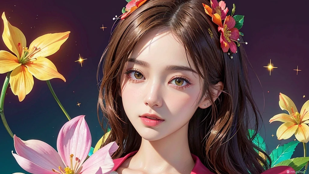 One girl, alone, flower畑, flower, (Official Art, unity 8k wallpaper, Super detailed, beautifully、aesthetic, masterpiece ,Highest quality:1.3), (Dynamic Angle:1.4), (Floating colorful sparkles:1) , elegant, Vibrant colors, Highly detailed face, Detailed eyes, Glowing Skin, Glossy Lips , Red and yellow background, Brown short hair,