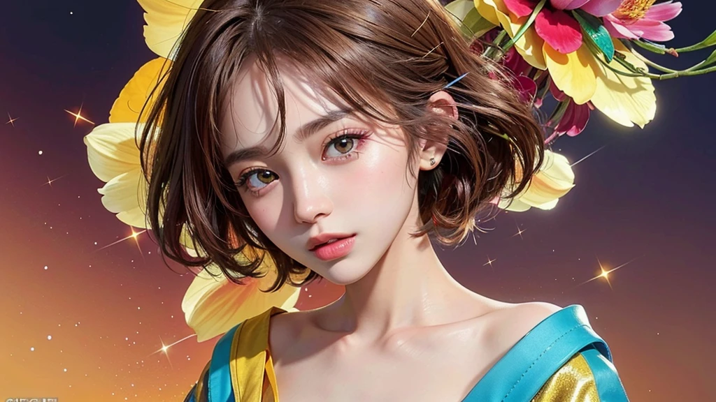 One girl, alone, flower畑, flower, (Official Art, unity 8k wallpaper, Super detailed, beautifully、aesthetic, masterpiece ,Highest quality:1.3), (Dynamic Angle:1.4), (Floating colorful sparkles:1) , elegant, Vibrant colors, Highly detailed face, Detailed eyes, Glowing Skin, Glossy Lips , Red and yellow background, Brown short hair,