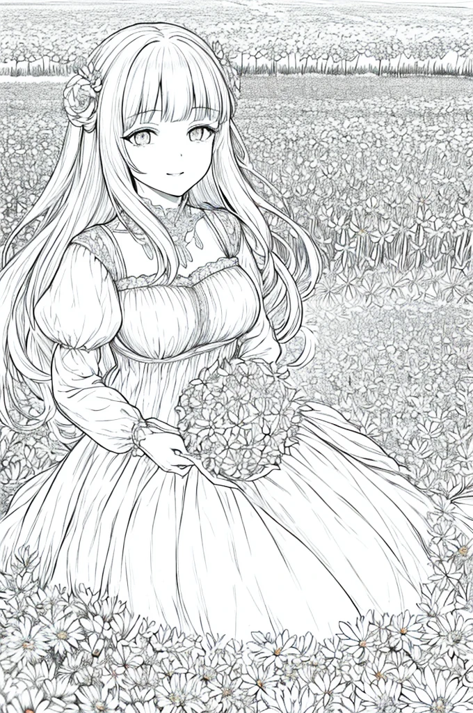 Big breasts ((wolf girl)) perfect eyes, masterpiece, best quality, ((1girl)), ground, long hair, bangs, , dress, puffy long sleeves, dress, holding bouquet of flowers, closed mouth, flower, ruffles , hair_flower, petals, parted lips shy smile, field of flowers, field of flowers, lineart, monochrome, in the middle of a Field of flowers, only the flowers have bright colors