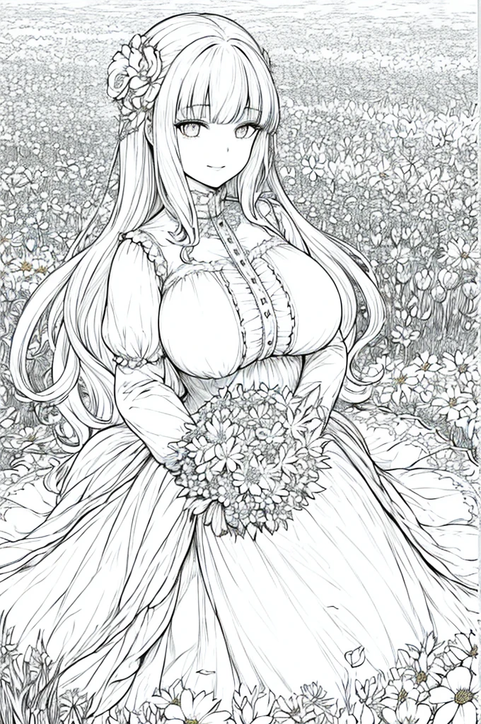 Big breasts ((wolf girl)) perfect eyes, masterpiece, best quality, ((1girl)), ground, long hair, bangs, , dress, puffy long sleeves, dress, holding bouquet of flowers, closed mouth, flower, ruffles , hair_flower, petals, parted lips shy smile, field of flowers, field of flowers, lineart, monochrome, in the middle of a Field of flowers, only the flowers have bright colors