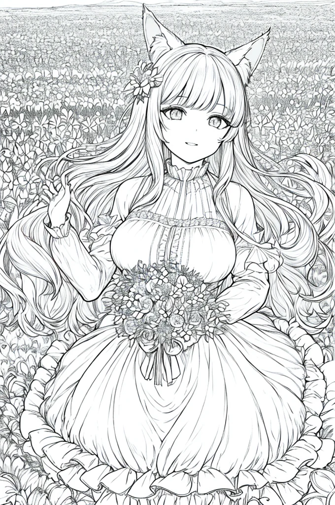 Big breasts ((wolf girl)) perfect eyes, masterpiece, best quality, ((1girl)), ground, long hair, bangs, , dress, puffy long sleeves, dress, holding bouquet of flowers, closed mouth, flower, ruffles , hair_flower, petals, parted lips shy smile, field of flowers, field of flowers, lineart, monochrome, in the middle of a Field of flowers, only the flowers have bright colors