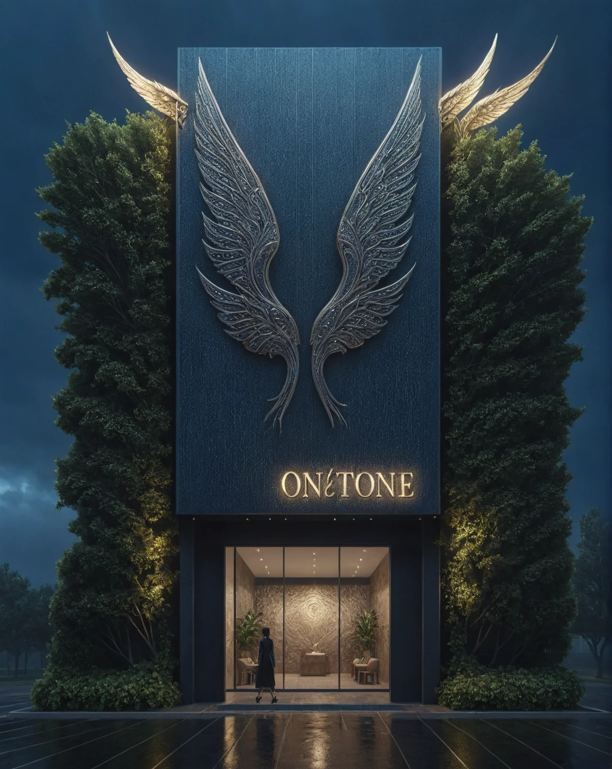 Raw Photo, Masterpiece, High Quality, Best Quality, Realistic, Super Detailed, Exterior, Outdoor, Minimalist Women's Fashion Store with Intricate Textures Like Illuminated Wings. On the facade there is the onetone brand logo. The design is decorated with patterns, creating an elegant aesthetic inspired by nature. The central glass structure glows warmly, contrasting with the twilight sky. Unique architecture stands out in a modern urban environment, perfectly blending art and nature, clear blue sky, (daylight:1.1), ((actual photo)), (rain: 1.3),rain,humidity,((masterpiece)), (cyberpunk1.3),highlas ((best quality:1.4)),(ultra high resolution:1.2),(realistic:1.4) ,(8k:1.2)