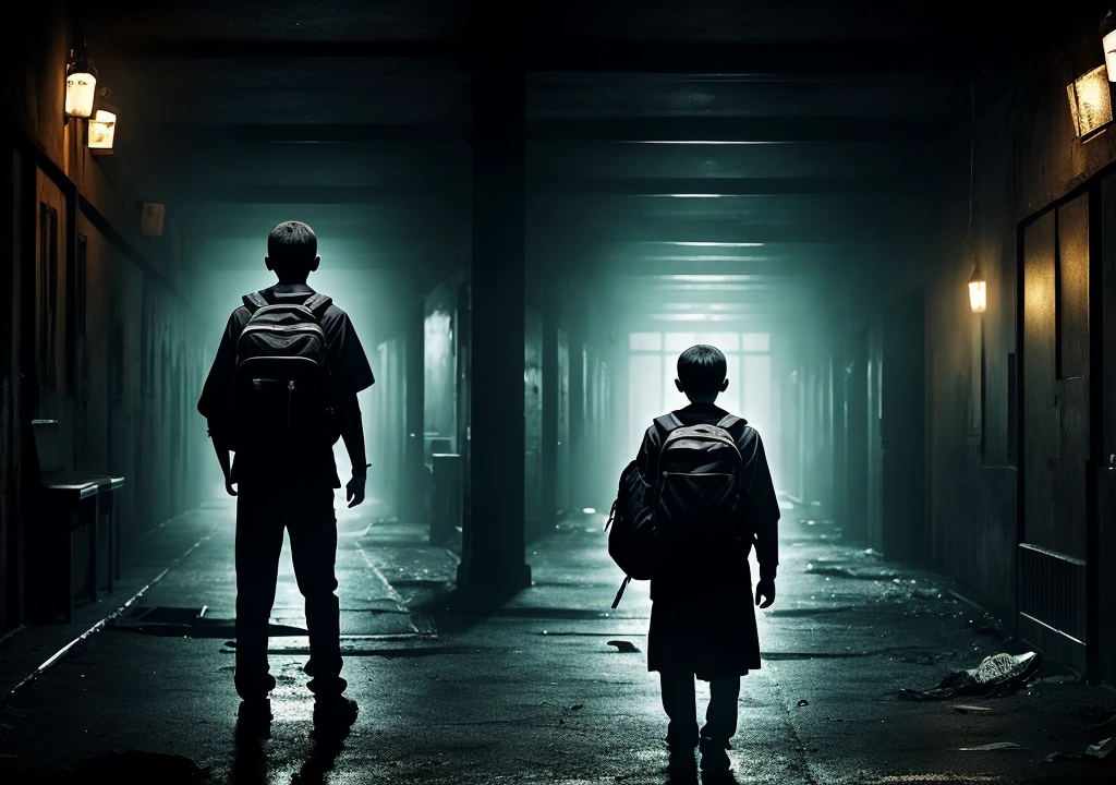 "Create a thumbnail for a horror story titled 'The Last Student.' The image should feature a dimly lit college hallway with flickering lights casting eerie shadows. At the center, a terrified young boy, Alex, stands alone, clutching his backpack. In the background, a shadowy figure of a decrepit janitor with glowing eyes lurks menacingly. The title 'The Last Student' is prominently displayed in a creepy, bold font at the top, with a tagline at the bottom: 'Three minutes can feel like an eternity.'"