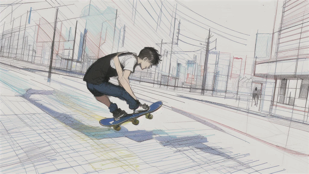 a drawing of a man riding a skateboard down a street, rough abstract sketch, sketch of a lucid dream, sketch of an ocean in ms paint, rough sketch, scribble sketch, detailed but rough, old sketch, impressionist drawing, sketched 4k, drawn with photoshop, black ink rough sketch, inspired by Matthijs Maris, line sketch, loosely drawn
