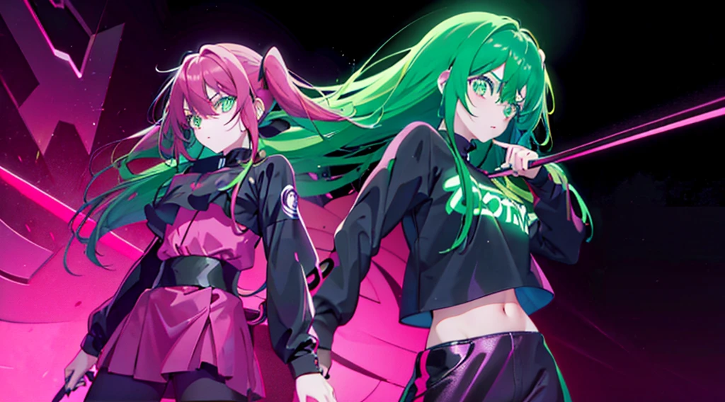 Anime girl with green eyes and neon hair in black and pink outfit