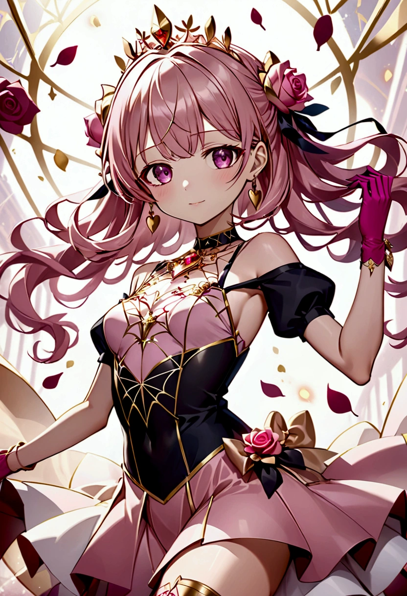 Create an anime-style girl with deep magenta eyes and long, wavy pink hair styled in an elegant updo. She is slender with small breasts. Ensure a full-body shot of her wearing a magical girl-themed outfit. The outfit features a fitted bodice with a sweetheart neckline, gold embroidery, and pastel pink accents. The bodice has delicate rose gold spider web patterns. She wears a multi-layered knee-length skirt with a high-low hemline, the outermost layer sheer with gold and rose gold spider web patterns. She has off-the-shoulder puff sleeves, arm-length pastel pink gloves with gold trim, and a gold choker with a red gemstone. The outfit includes a short, detachable sheer cape with rose gold spider web patterns and is fastened with gold brooches. She wears pastel pink ankle boots with gold heels and rose gold laces. Accessories include a gold tiara with a red gemstone and gold spider-shaped hairpins. The overall look is regal and ethereal, with magical glowing effects.