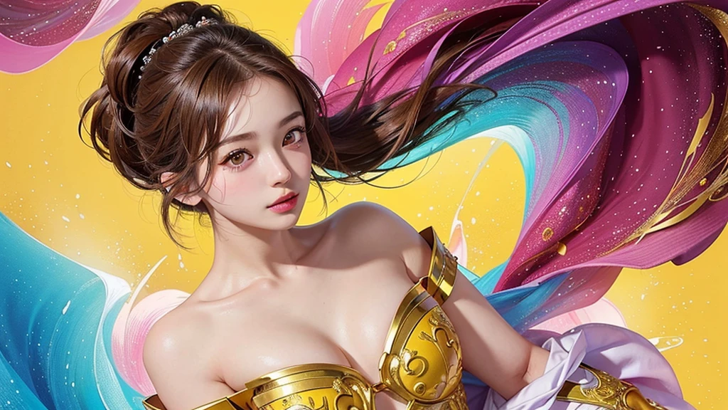 One girl, alone, flower畑, flower, (Official Art, unity 8k wallpaper, Super detailed, beautifully、aesthetic, masterpiece ,Highest quality:1.3), (Dynamic Angle:1.4), (Floating colorful sparkles:1) , elegant, Vibrant colors, Highly detailed face, Detailed eyes, Glowing Skin, Glossy Lips , Red and yellow background, Brown short hair,