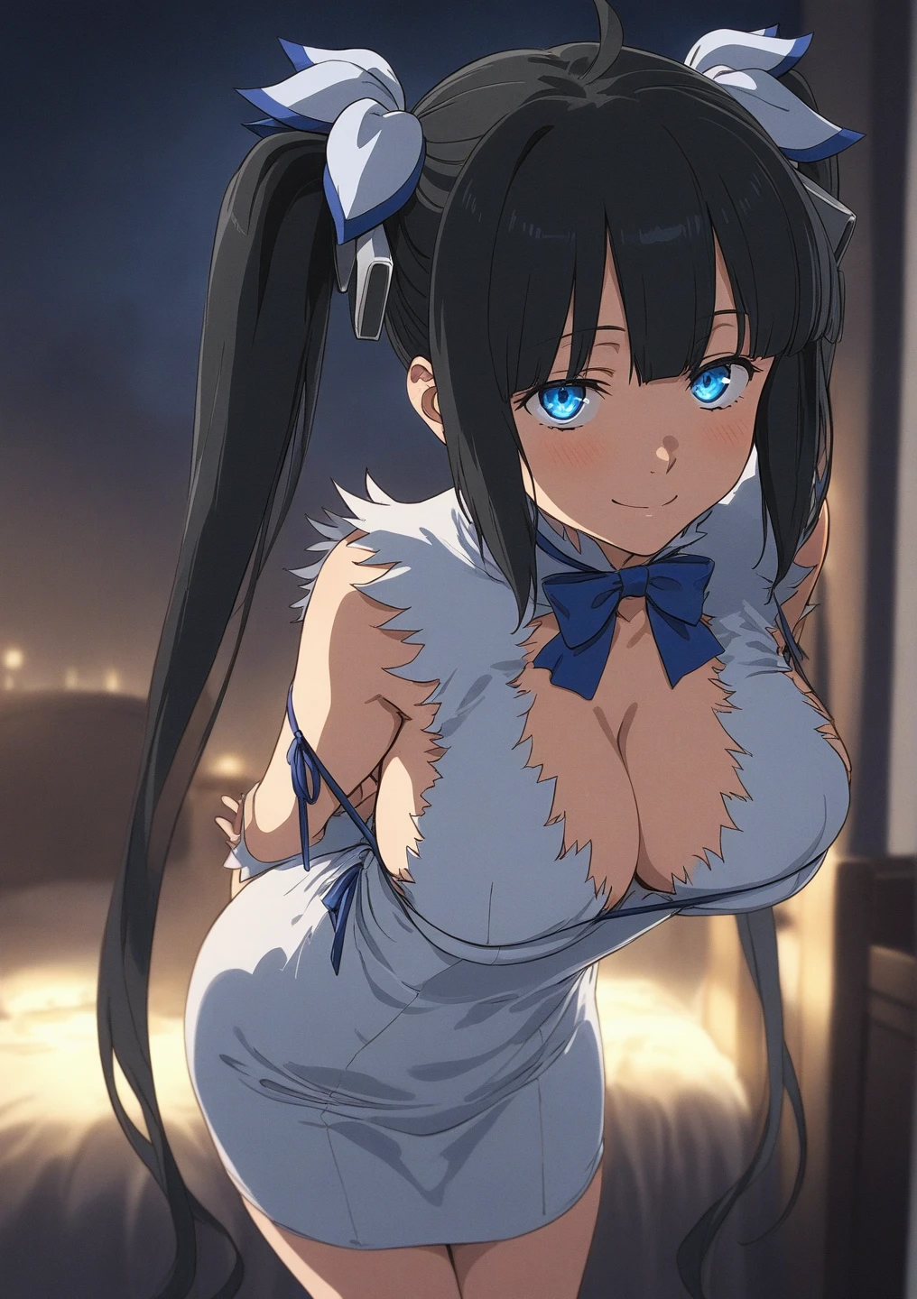 best quality, amazing quality, very aesthetic, absurdres, (1girl, hestia (danmachi),hestia \(danmachi\),long hair,blue ribbon,twintails, solo, big breasts),(gown:1.8), (smile, night, thigh:1.3), (cowboy shot), (glowing eyes), (half closed eyes:0.9), (from above0.7), (), (bent over, arms behind back:1.4), (blush:0.7), expressive eyes, perfect face, 4k, extremely detailed anime illustration, extremely detailed eyes, perfect anatomy, light rays, extremely delicate body, smooth skin, (bedroom background:1.5), clear eyes, beautiful face, smiling at viewer, (cinematic Light:1.5), (highres:2)