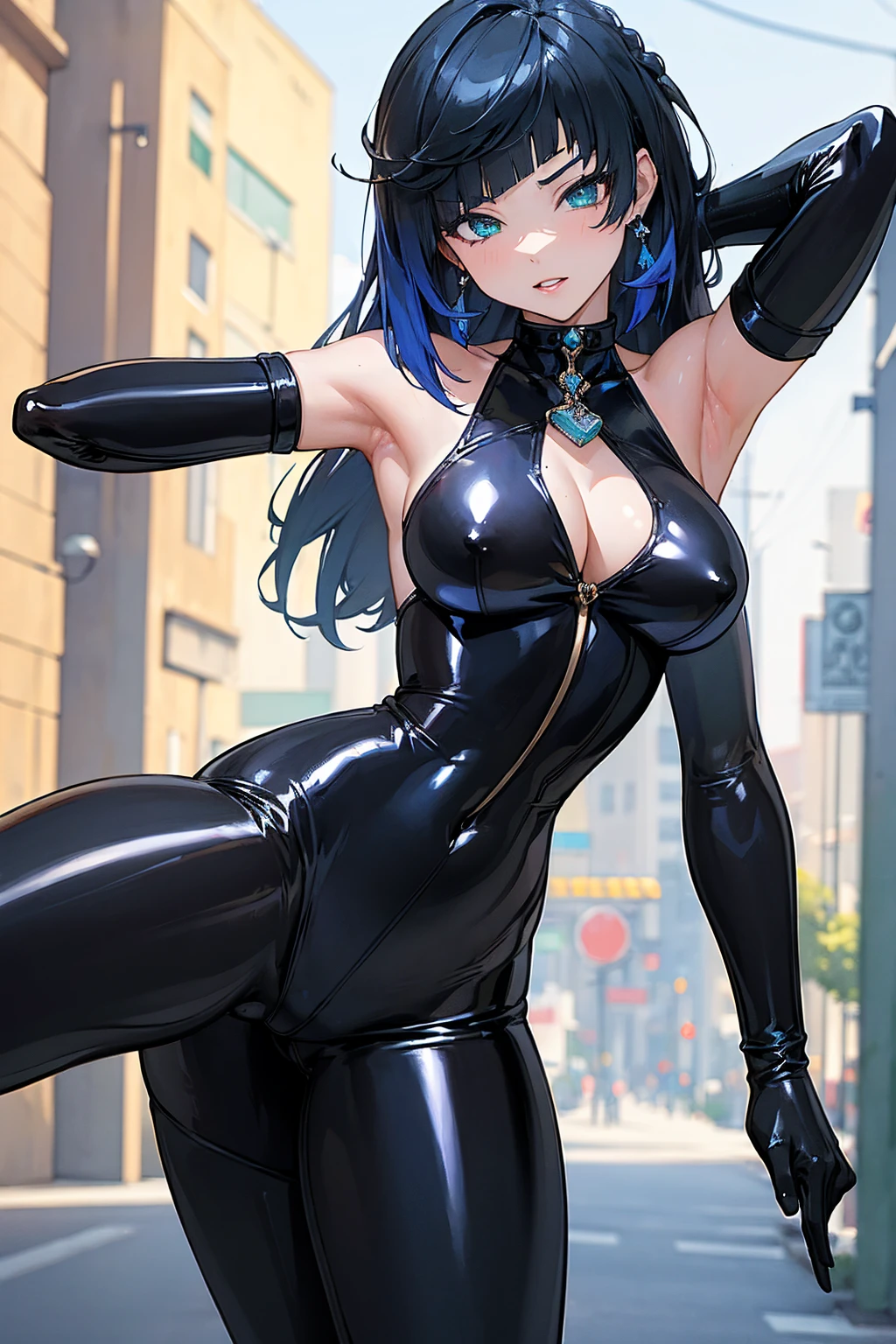 (masterpiece, best quality:1.4), wide open legs, close in view, visible tights, best anatomy, anime girl in black latex posing on the street, wearing latex, black shiny latex, visible armpits, (((attractive, gorgeous)))