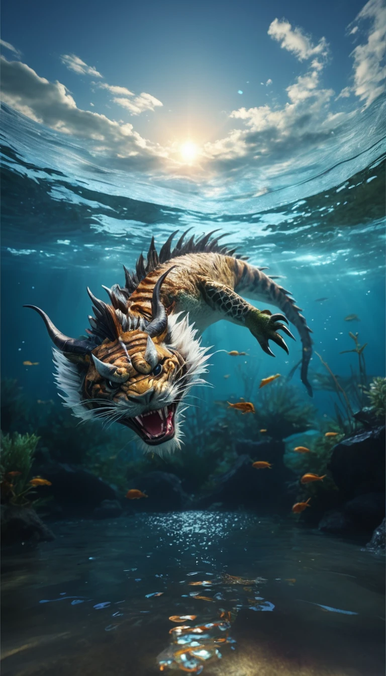 A mythical creature from the water(best quality,4K,8k,High level,masterpiece:1.2),Ultra Detailed,(lifelike,Photo real,Photo real:1.37),Highly detailed animals,Complex patterns,Realistic lighting,Fantasy Creatures